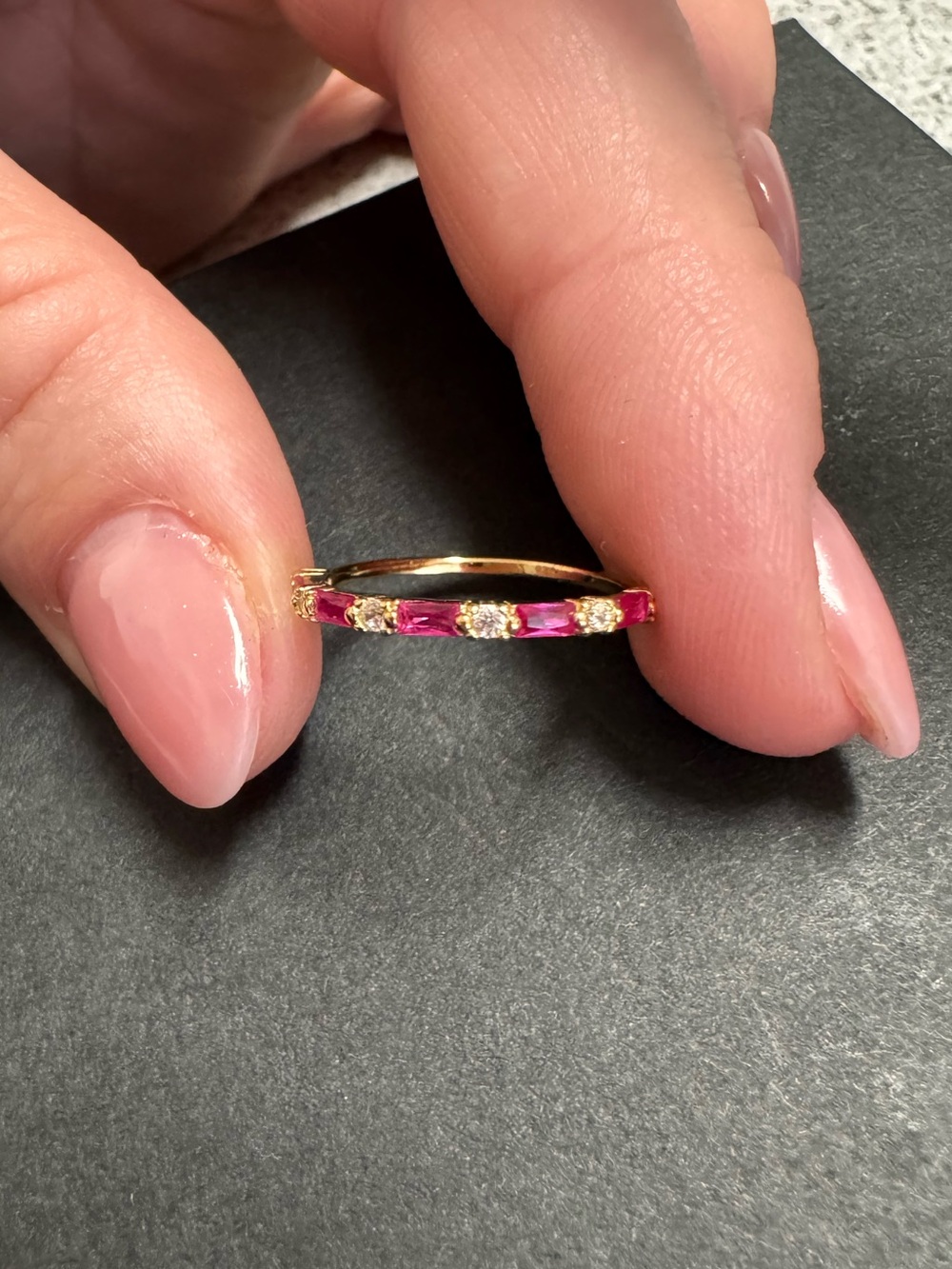 Gold Band Ring with Pink and Clear Stones - Picture 5 of 5